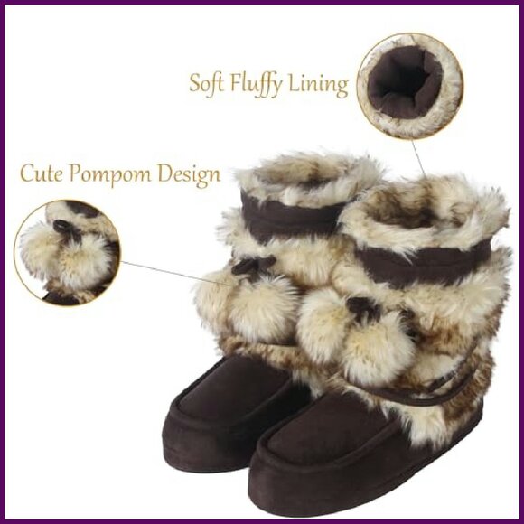 Fluffy Pompom Slipper Boots Women's Non-Slip Indoor House Booties - Picture 4 of 7